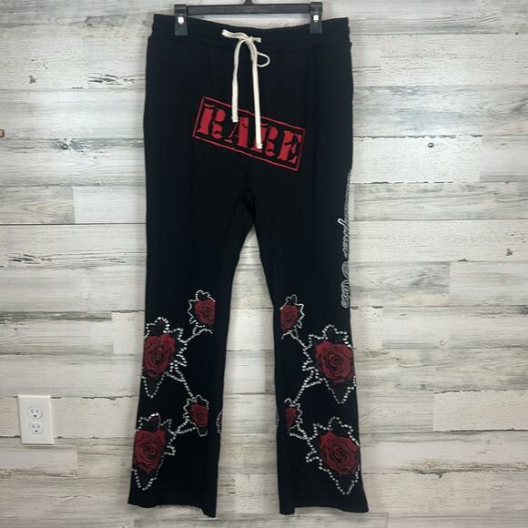 Christopher Rose Dream Rose Embellished Black Sweatpants Size Medium Rhinestones - Picture 2 of 10